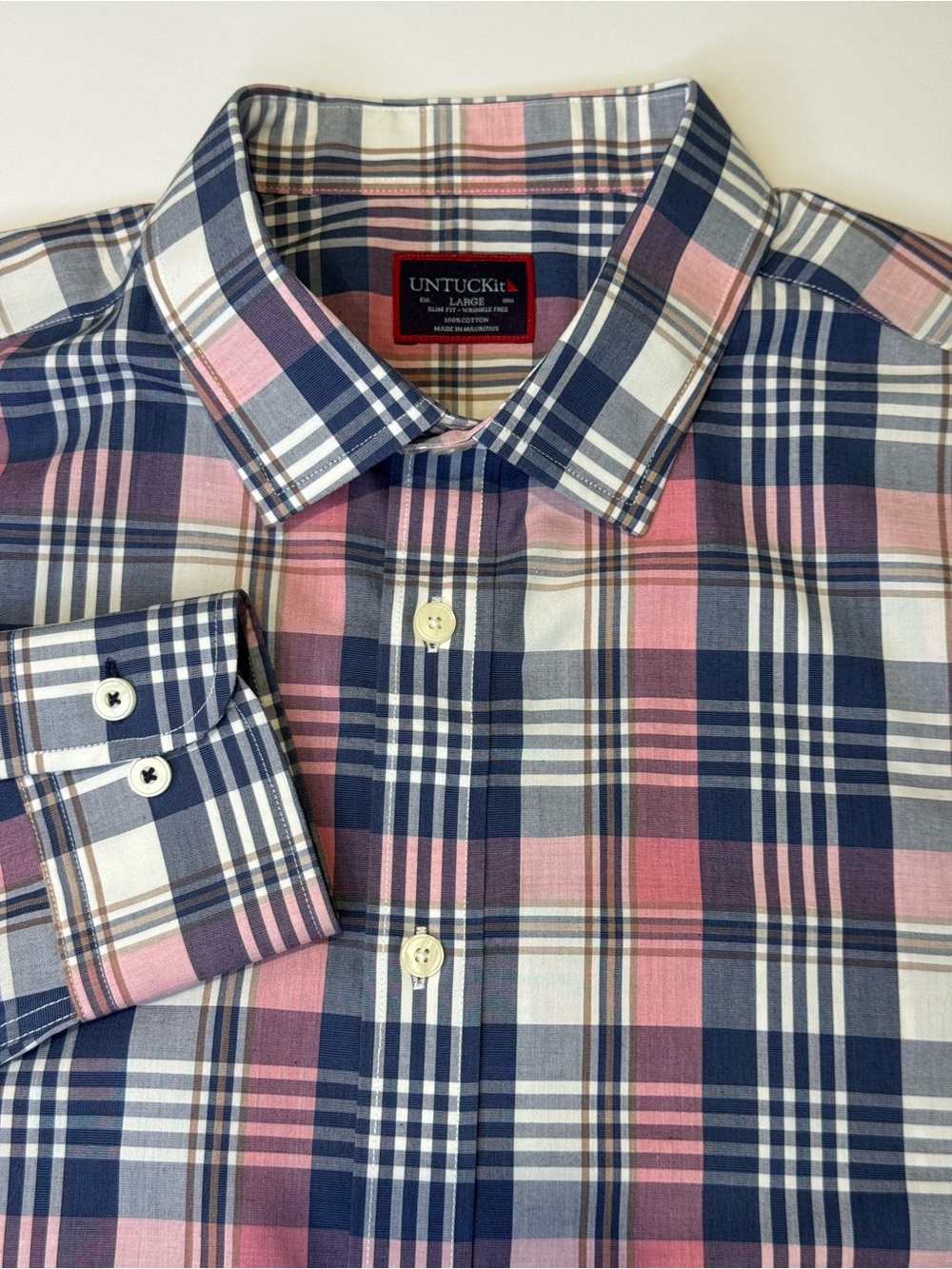 UNTUCKit Yarden Men's Large Slim Fit Long Sleeve Button Down Navy Blue Pink